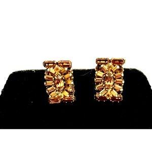 Vintage Weiss Amber Stone Clip On Earrings Baguette Gold Tone Stunning!